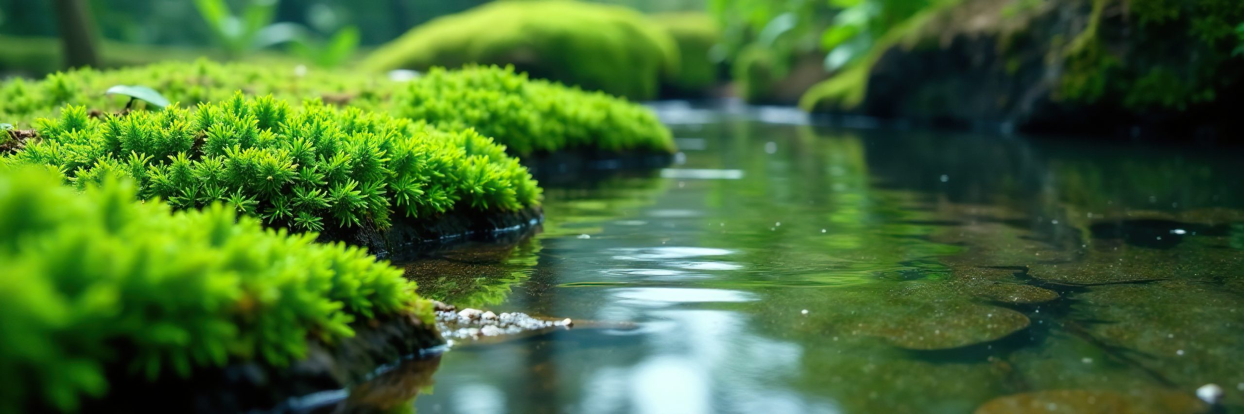 Dense green moss growth in shallow pool of water, ecosystem, pool